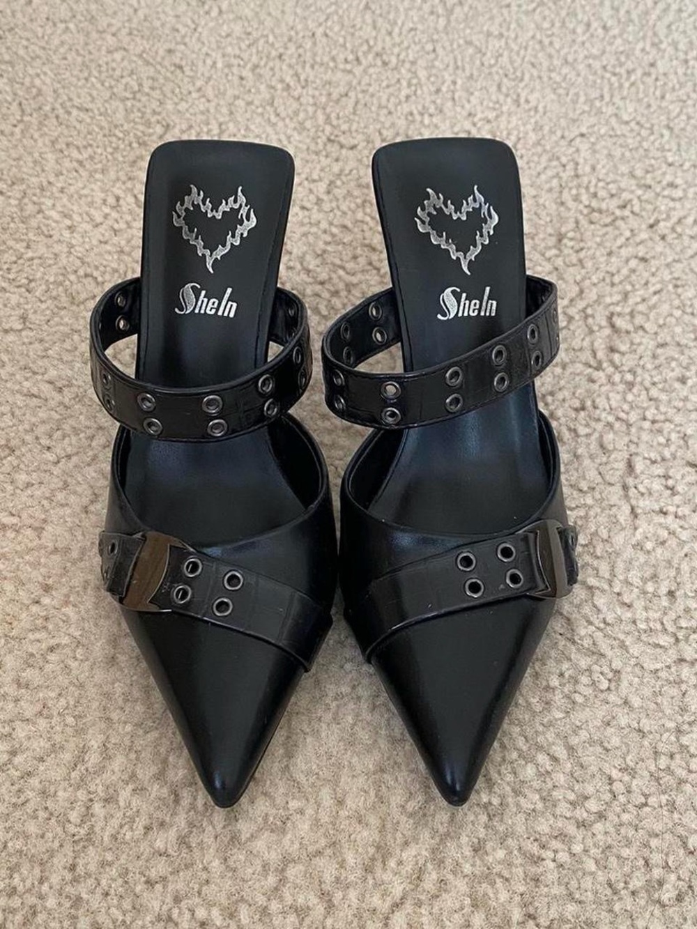 SHEIN Black Pointed Buckle Mule Heels with Eyelet Straps